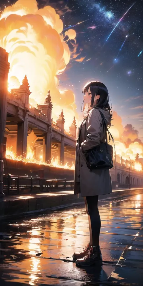 a woman standing on a street looking at a fire in the sky