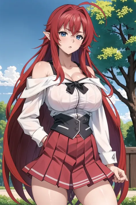 masterpiece, ((best quality)), ((highly detailed)),((detailed eyes, deep eyes)), ((1girl:1.2)),solo ((big breasts:1.4)), pikkyriasgremory, 1girl, rias gremory, breasts, long hair, skirt, ahoge, red hair, solo, blue eyes, outdoors, pointy ears, cleavage, large breasts, red skirt, very long hair, pleated skirt, looking at viewer, day, hair between eyes, bare shoulders, school uniform, long sleeves, collarbone, cowboy shot, sky, bangs, tree, off shoulder, shirt, sidelocks, standing, miniskirt, thighs, blush, blue sky, parted lips, sunlight, bow, cloud <lora:RiasLora:0.7>