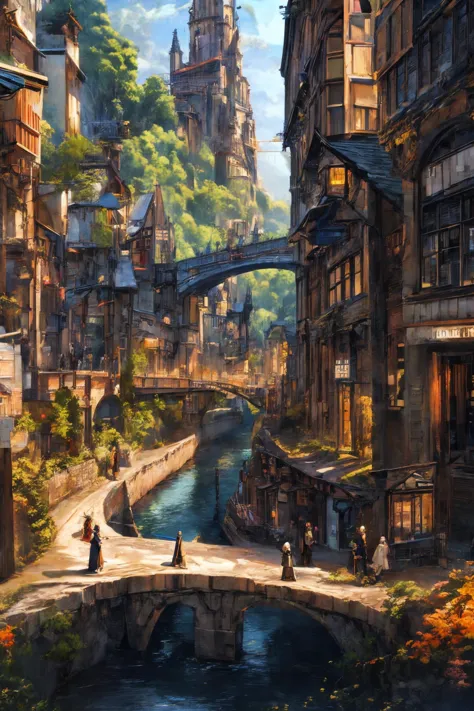 Landscape,distant view,fantasy style,medieval architecture,white brick walls,orange roofs,cobblestone roads,bustling shops,vendors,shouting,customers,lively streets,background crowd in medieval attire,sentinels in armor,city gate,a few prominent pedestrians,a wizard holding a wand,a warrior carrying a shield,a swordsman with a sword,a priest with a book,exterior of a restaurant,river,bridge,roadside dog,masterpiece,best quality,highly detailed,Amazing,finely detail,extremely detailed CG unity 8k wallpaper,score:>=60,, incredibly absurdres,wallpaper,realistic,real,photo,landscape,foreshortening,, beautiful detailed eyes,Fine hair texture,