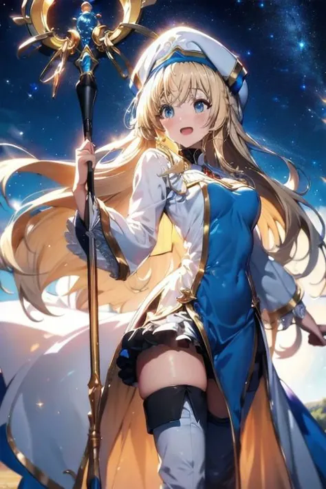 a woman in a blue dress holding a sword and a staff