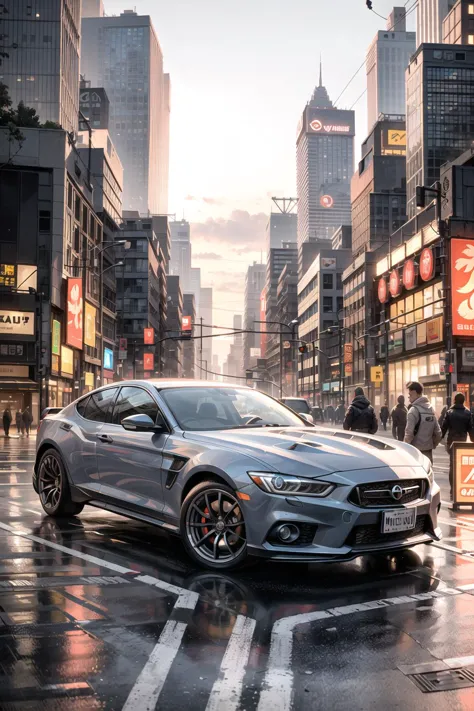 hyper realistic,metal,professional photo of a futuristic muscle car with multiple modifications, large wheels, driving, cybernetic hood, cyber car parts, front pop up headlights, science fiction, sci-fi scenario, (night), natural light, cyberpunk, futuristic city, cyberpunk city, neon signs, highly detailed, (highly detailed background), multiple buildings in the background, detailed textures, wide angle, 8k, HDR, professional photoshoot, high quality photo, realistic photo, realistic shadows, detailed shadows, realistic proportions,film grain, raw photo,(front),