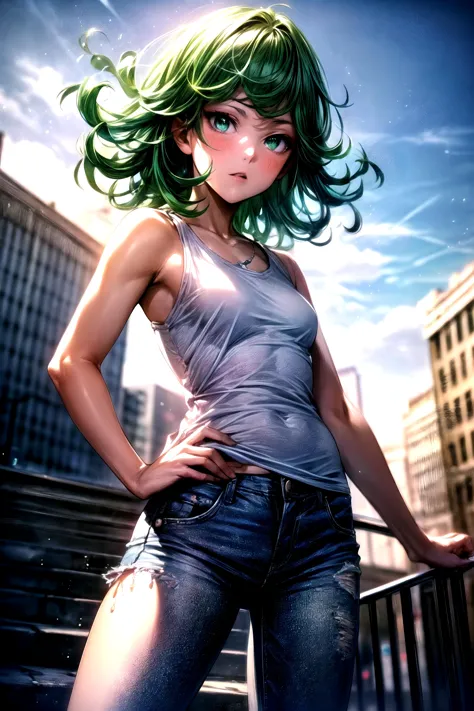 anime, photorealistic, masterpiece, best quality, 1girl, tatsumaki, one-punch man\(series\), shiny skin, cinematic lighting, bloom, small breasts, looking at viewer, vivid color, green hair, green eyes, solo, smooth skin, loose fitting clothes, white tank top, sleeveless, jeans, outdoors, city, daytime, dynamic pose, dynamic angle,