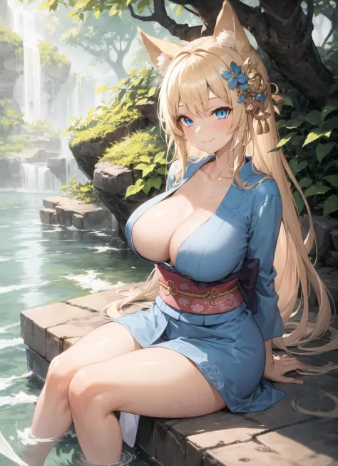 1girl, blue eyes, long hair, blonde hair, sitting, blue kimono, large breasts, light smile, arms behind back, nature, hair ornament, animal ears, water,