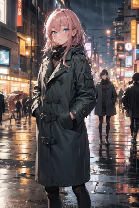 1girl,night city,rain,coat,hands in pockets