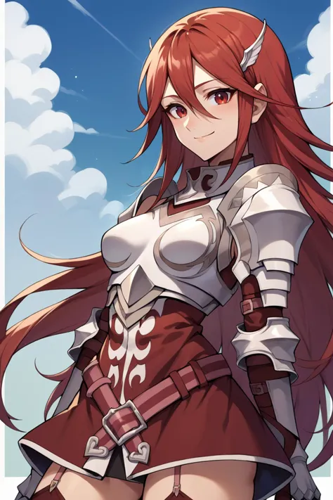 a woman with long red hair and a sword in her hand