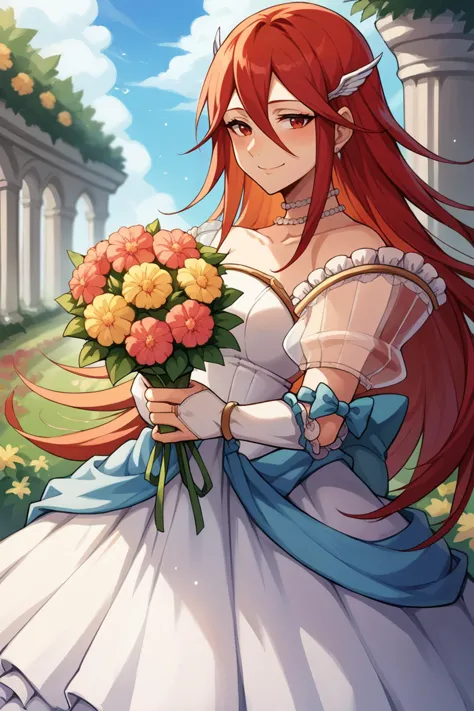 score_9, score_8_up, score_7_up, score_6_up, source_anime BREAK 1girl, solo, <lora:fecordelia-pdxl-nvwls-v1-000005:1> bridCordelia, red hair, red eyes, wing hair ornament, wedding dress, strapless, bridal gauntlets, smile, holding bouquet, flowers, garden, blue sky, sunset