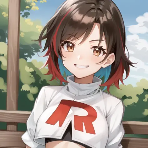 1girl, solo, sky, looking at viewer, brown eyes, red hair, short hair, multicolored hair, black hair, portrait, smile, smug, team rocket uniform, white jacket, midriff, red letter "R"