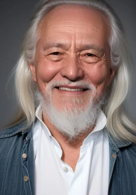 (A medium photo of a 70-year-old man,aged up,grandpawds)
white beard,white hair,smile,head shot,close-up
BREAK
wearing(white shrt)
BREAK
grey background,flashlight
(masterpiece) (photorealistic) (best quality) (detailed skin) (intricate) (8k) (HDR) 
<lora:...