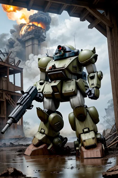 a close up of a giant robot with a gun in front of a building