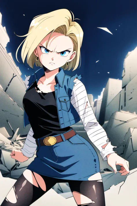 masterpiece,best quality,highres,<lora:android_18_v110:0.6>,1girl,solo,1980s \(style\),and18,android 18,blonde hair,blue eyes,sh...