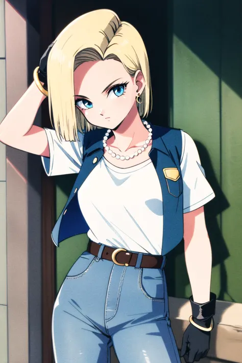 masterpiece,best quality,highres,<lora:android_18_v110:0.6>,1girl,solo,1980s \(style\),and18,android 18,blonde hair,blue eyes,be...