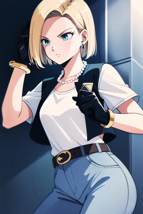 masterpiece,best quality,highres,<lora:android_18_v110:0.6>,1girl,solo,1980s \(style\),and18,android 18,blonde hair,blue eyes,be...