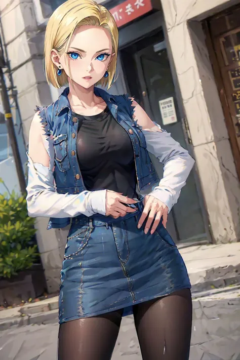 best quality, highres, and18, 1girl, android 18, solo, blonde hair, blue eyes, short hair, earrings, jewelry, denim vest, open vest, black pantyhose, black shirt, denim skirt, striped long sleeves, blue skirt, medium breasts, cowboy shot, street,  (Externally expanded Chest:1.2), (Strapless:1.2), off-the-shoulder,