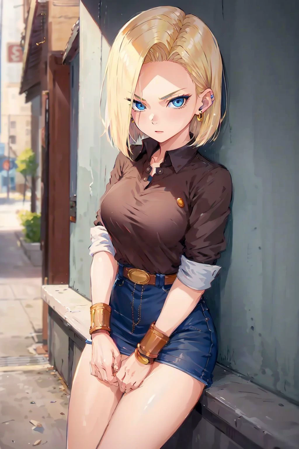 best quality, highres, and18, 1girl, android 18, solo, blonde hair, blue eyes, short hair, earrings, jewelry, medium breasts, cowboy shot, street, uniform,