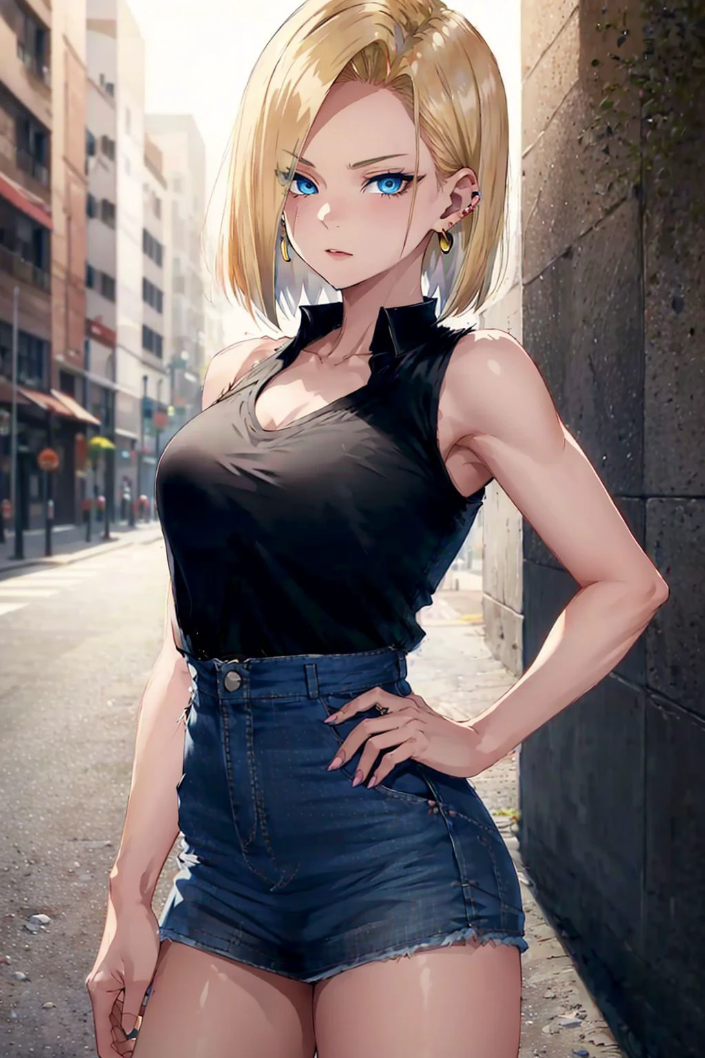 best quality, highres, and18, 1girl, android 18, solo, blonde hair, blue eyes, short hair, earrings, jewelry, denim vest, open vest, black pantyhose, black shirt, denim skirt, striped long sleeves, blue skirt, medium breasts, cowboy shot, street,  (Externally expanded Chest:1.2), (Strapless:1.2), off-the-shoulder, bent over, forest