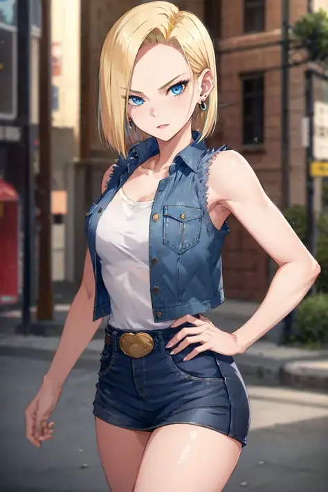 best quality, highres, and18, 1girl, android 18, solo, blonde hair, blue eyes, short hair, earrings, jewelry, denim vest, open v...
