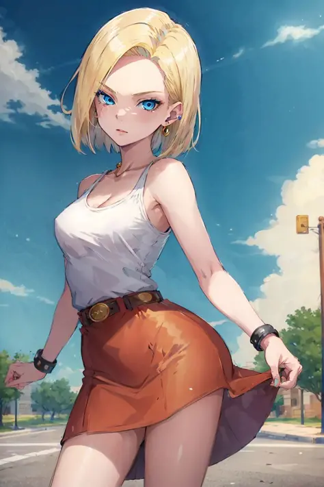 best quality, highres, and18, 1girl, android 18, solo, blonde hair, blue eyes, short hair, earrings, jewelry, medium breasts, <l...