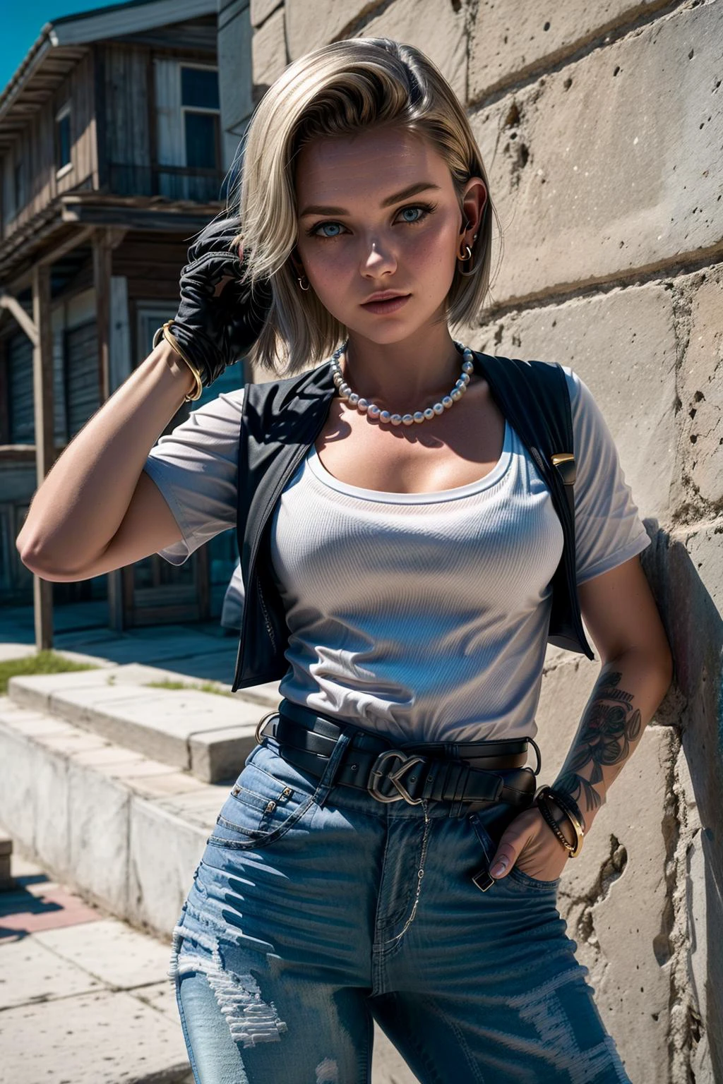 (high detailed skin:1.2), and18, android 18, solo, blonde hair, blue eyes, belt, jeans, pearl_necklace, bracelet, black gloves, white shirt, short hair, short sleeves, earrings, blue pants, open vest, black vest, large breasts, RAW photo of a girl,  small details, photorealistic, ultra-realistic photo, 8k uhd, dslr, soft lighting, high quality, film grain, Fujifilm XT3, ((masterpiece)), 8k, HDR, highly detailed, professional 