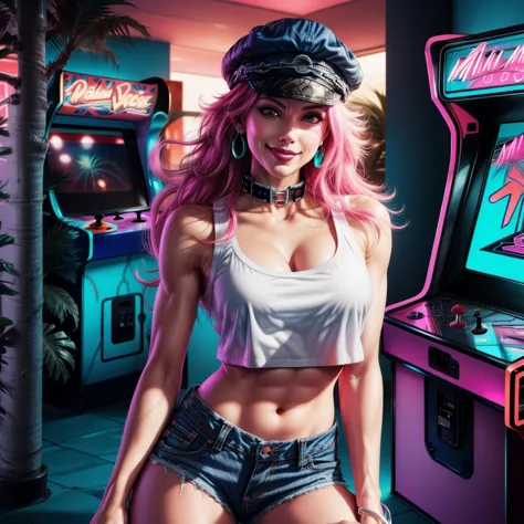 a woman in shorts and a hat standing next to a video game