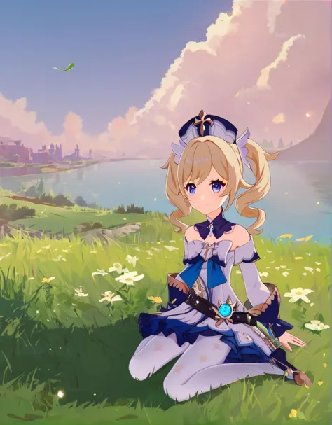 a girl sitting on the ground in a field with a sword