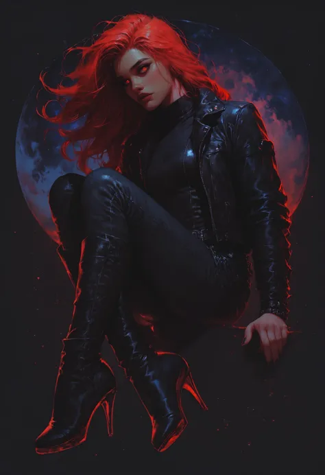 a woman with red hair sitting on a black surface