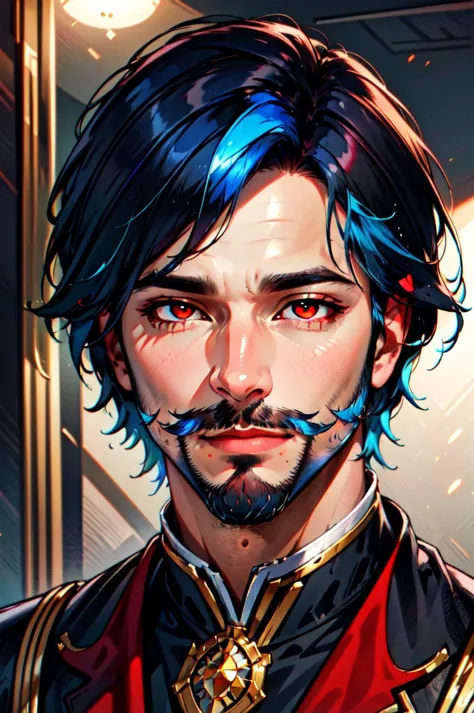 a close up of a man with blue hair and a mustache