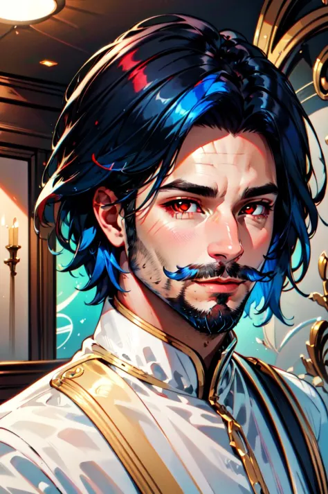 a close up of a man with blue hair and a mustache