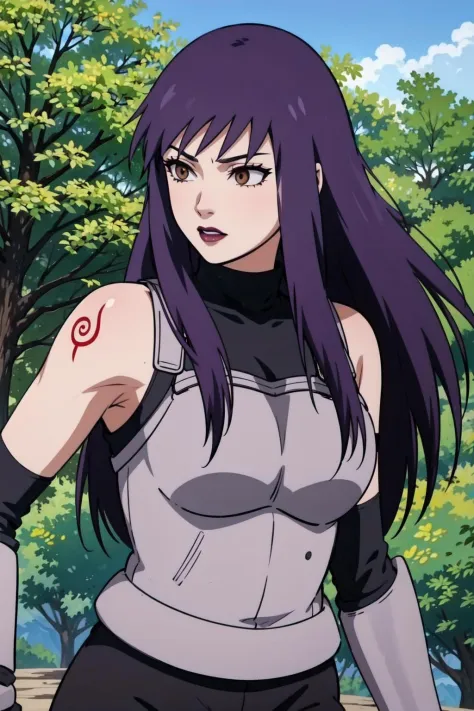 yuugao,1girl,solo,upper body,purple hair, brown eyes,long hair,sidelocks,grey armor,grey arm guards,black elbow gloves,black shirt, sleeveless,turtleneck,purple lips,outdoors, standing on top of a tree,leaves,black pants,red arm tattoo,(best quality, maste...