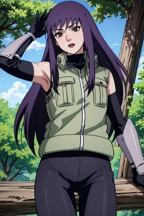 yuugao,1girl,solo,purple hair, brown eyes,long hair,sidelocks,closed green vest,high collar,grey arm guards,black elbow gloves,black shirt, sleeveless,turtleneck,purple lips,outdoors, standing on top of a tree,(best quality, masterpiece:1.2)