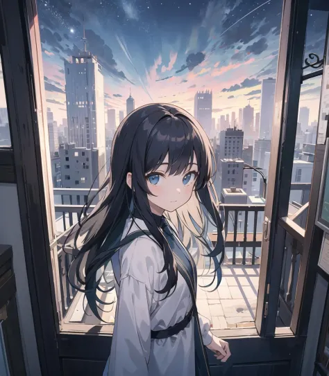 (masterpiece),(best quality), official art, (1girl, solo:1.0),perspective,
walking,looking at viewer,soft smile,
straight-on,looking at viewer,upper body, from above,symmetry,
outdoors,night sky,(night),depth of field, skyline,on roof,