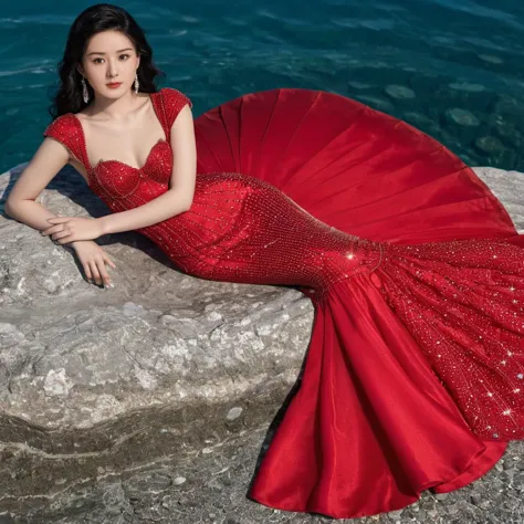 araffe woman in red dress sitting on rock by water