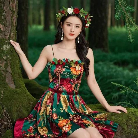 (zlying woman:1.2) <lora:lora_zly-step00004000-sd_xl_base_1.0:1>,Wearing Forest style dress with garland(multi color)