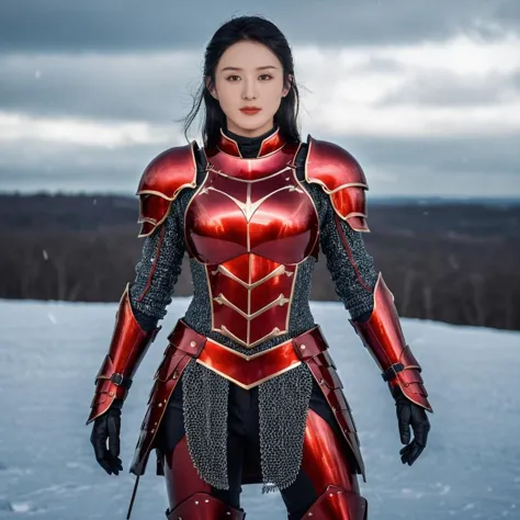 (zlying woman) <lora:lora_zly-step00004000-sd_xl_base_1.0:1>Wearing a red battle armor with metallic luster, the cold is approac...