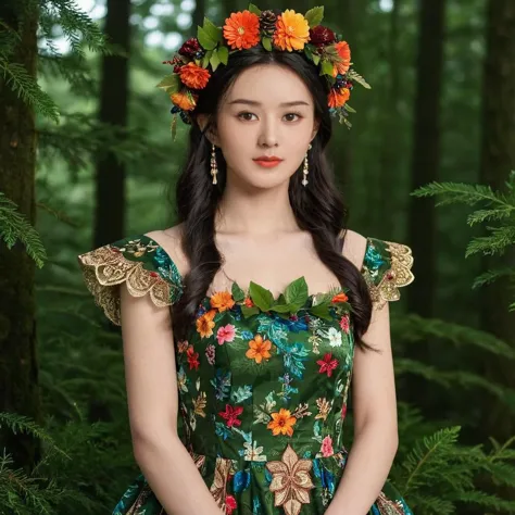 arafed woman in a green dress with flowers in her hair