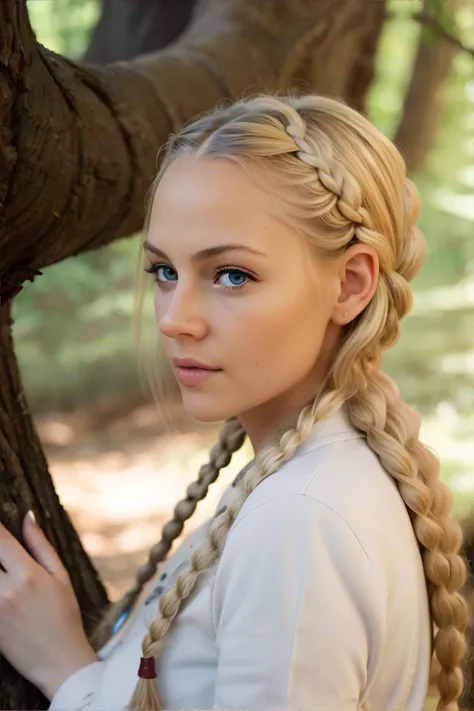 <lora:filmrealism-moroccosheep:0.8>, adult woman, Creme Brulee Blonde Long Box Braids Hairstyle, Blue eyes, A forest scene with ...