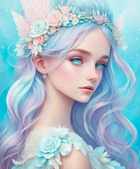 princess girl with wing, blue, pastel, glitter, dramatic, dreamy, pastel, watercolor, whimsical, delicate, seashell crown, trend...