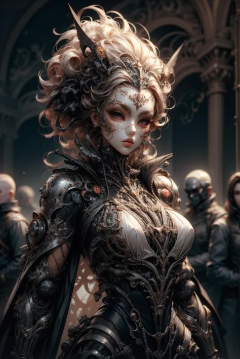 a woman in armor with a lot of people behind her