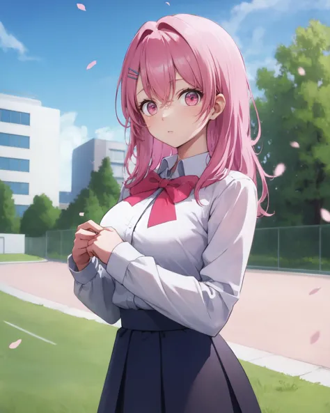 masterpiece, best quality, absurdres, 1girl, closed mouth, <lora:kotobuki_minami_v1:0.7> long hair, pink hair, hairclip, bangs, ...