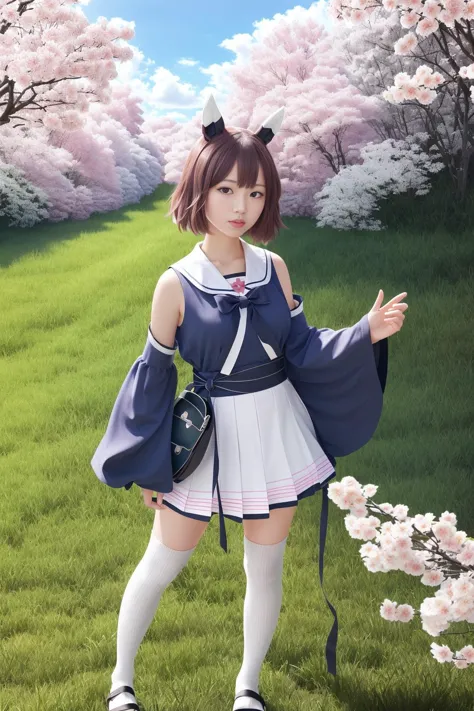 anime girl in a blue dress and white skirt posing in a field