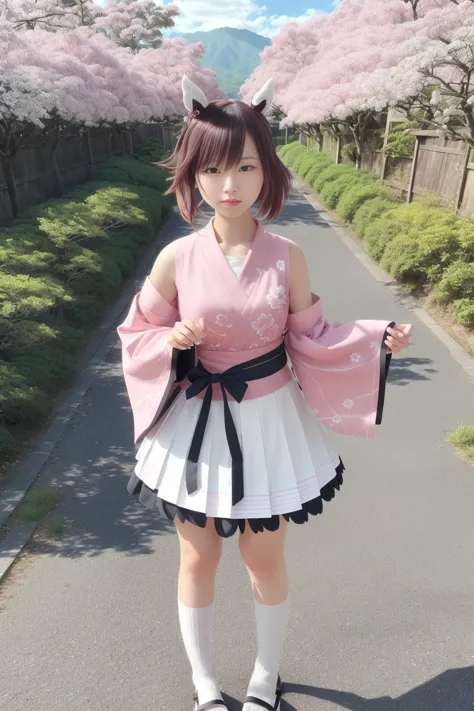 a woman in a pink dress and black and white skirt standing on a road