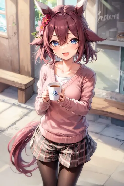 anime girl with pink hair and a pink sweater holding a cup