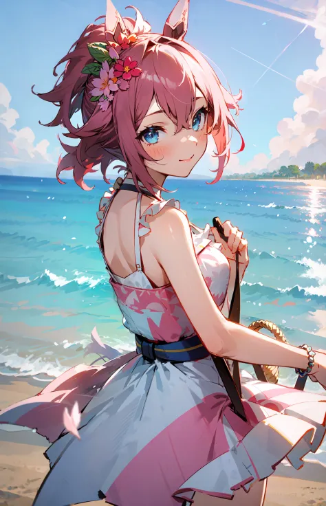 anime girl with pink hair and a pink dress on the beach