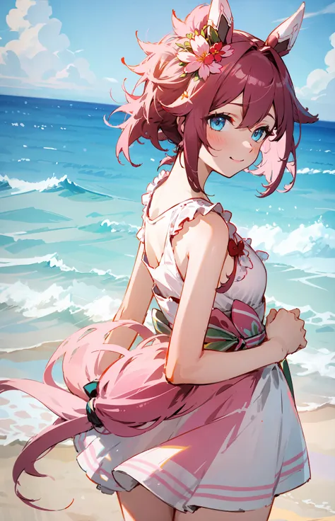 anime girl with pink hair and pink dress on the beach