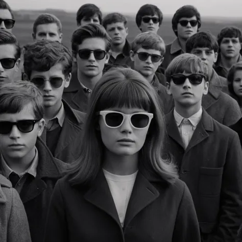 cinematic film still of  <lora:1960's style:1>
From below, In the 1960's a group of people standing next to each other,1girl,long hair,jacket,monochrome,greyscale,multiple boys,parody,sunglasses,cross,6+boys,4boys,realistic,5boys ,realistic,realism, detailed, perfection,perfect,filmic,retro,vintage,classic,different haircut,different look,different style,1960's style , 1960 style, shallow depth of field, vignette, highly detailed, high budget, bokeh, cinemascope, moody, epic, gorgeous, film grain, grainy