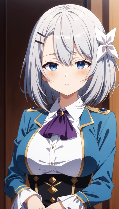 (masterpiece, best quality, very aesthetic, ultra detailed), intricate details,
1girl, SakunaMemoir, grey hair, bangs, hair between eyes, medium hair, blue eyes, hair ornament, hairclip, hair bow, breasts, collared shirt, long sleeves, purple ascot, blue jacket, black skirt, looking at viewer,   <lora:SakunaMemoirlXLv1-000007:0.8>