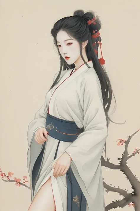 a painting of a woman in a kimono dress standing next to a tree