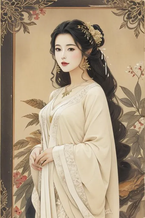 a woman in a white dress and gold jewelry standing in front of a painting