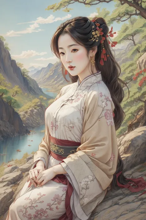 a painting of a woman sitting on a rock near a lake