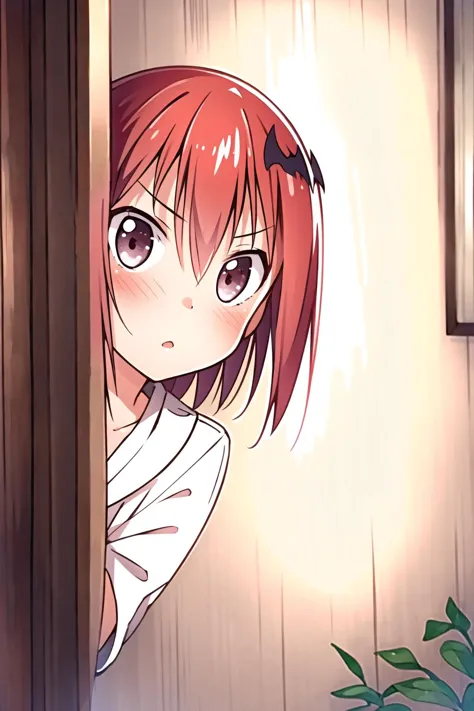 anime girl with red hair peeking out of a doorway