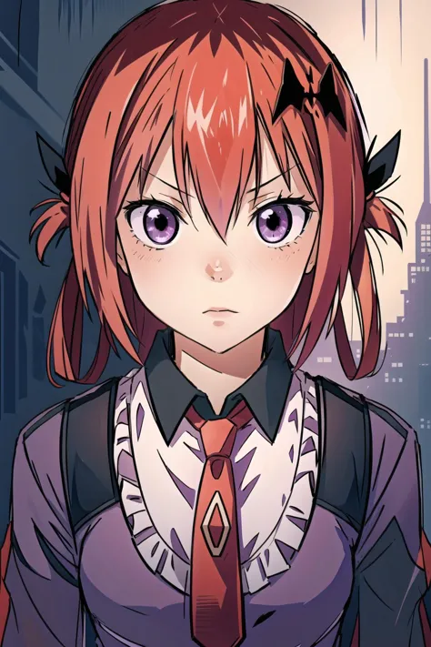 anime girl with red hair and purple eyes in a city